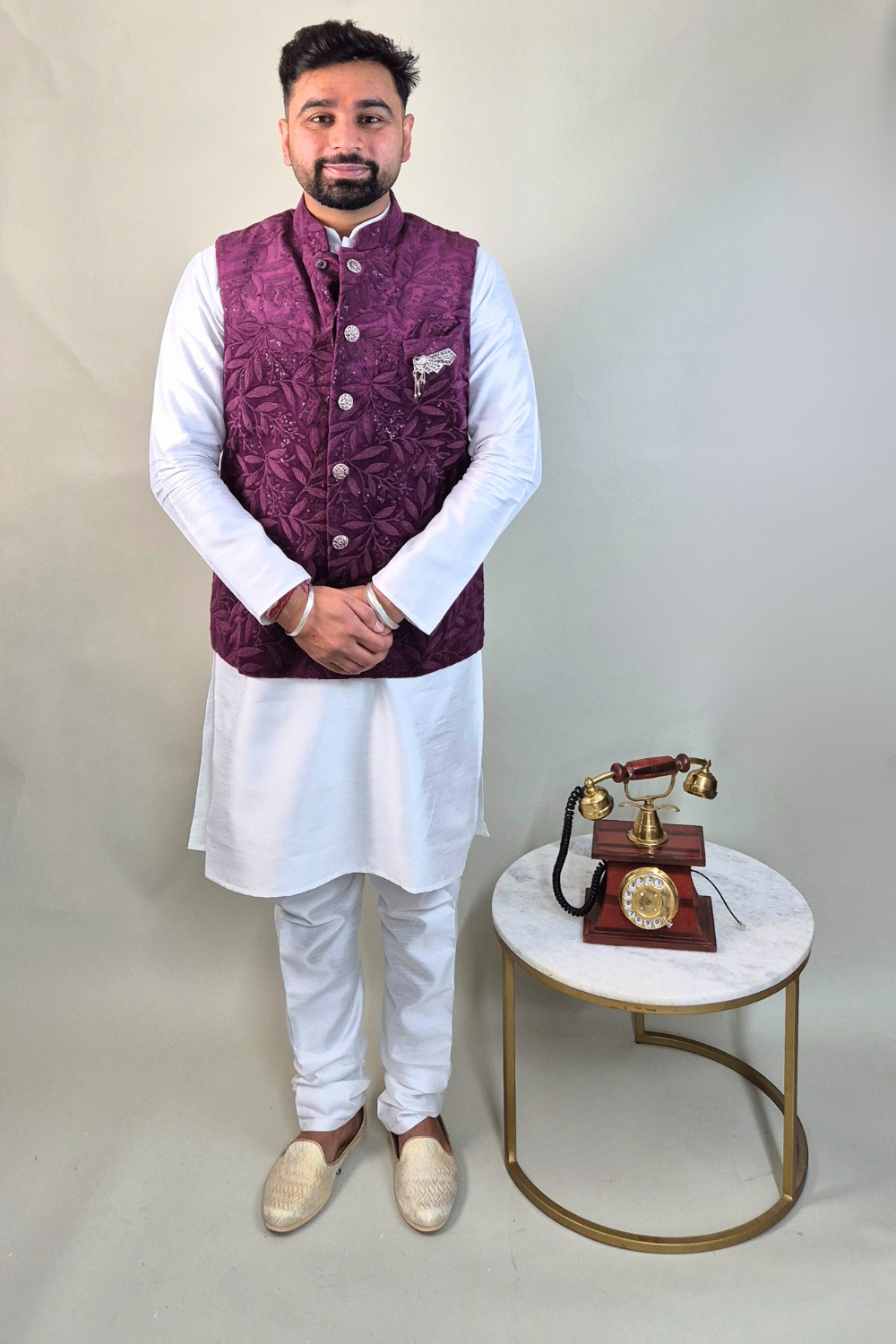 Plum velvet textured waist coat with silver brooch Main image