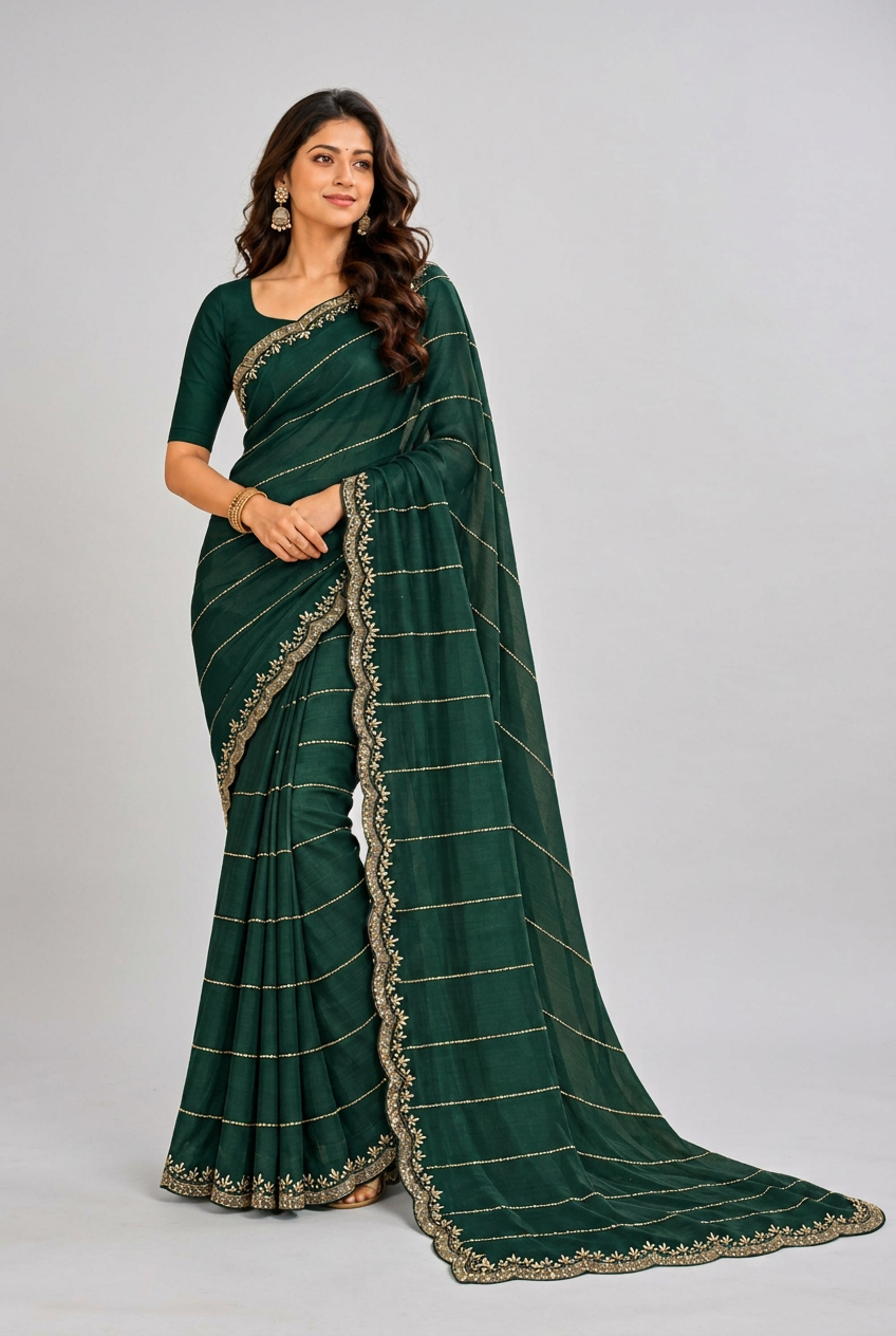 Elegant emerald green saree featuring delicate golden stripes