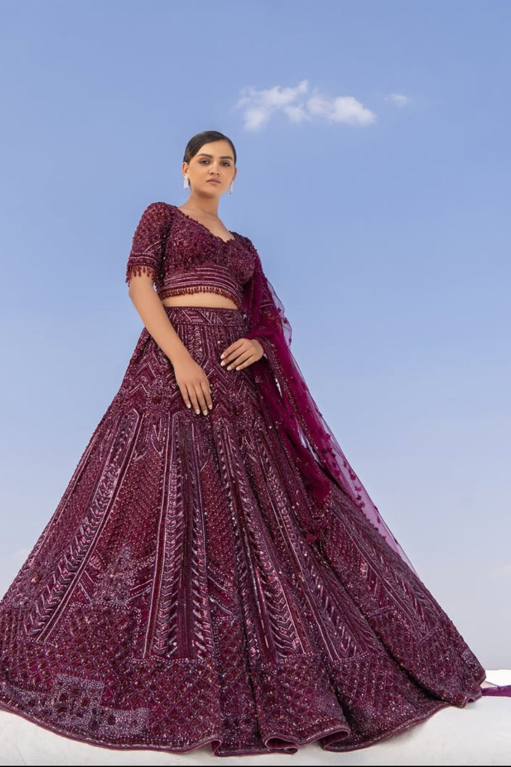 Bridal Blouse and Lehenga in Plum with Extensive Embroidery