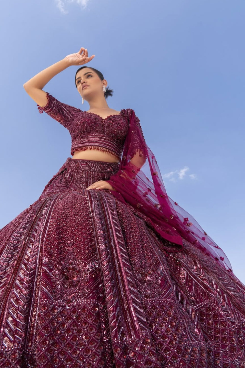 Bridal Blouse and Lehenga in Plum with Extensive Embroidery