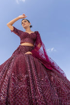 Bridal Blouse and Lehenga in Plum with Extensive Embroidery