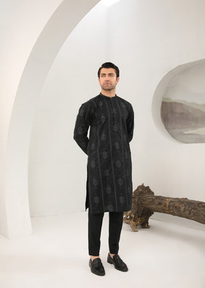 Muraqsh Black Motif Embroidered Cotton Kurta Trouser - Men