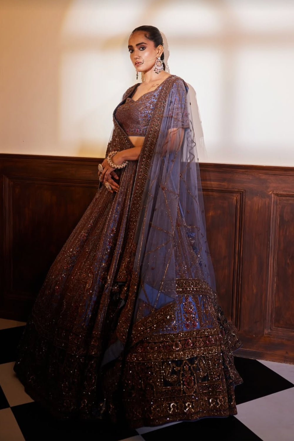 Bridal Lehenga in Gold with Purple Embroidery