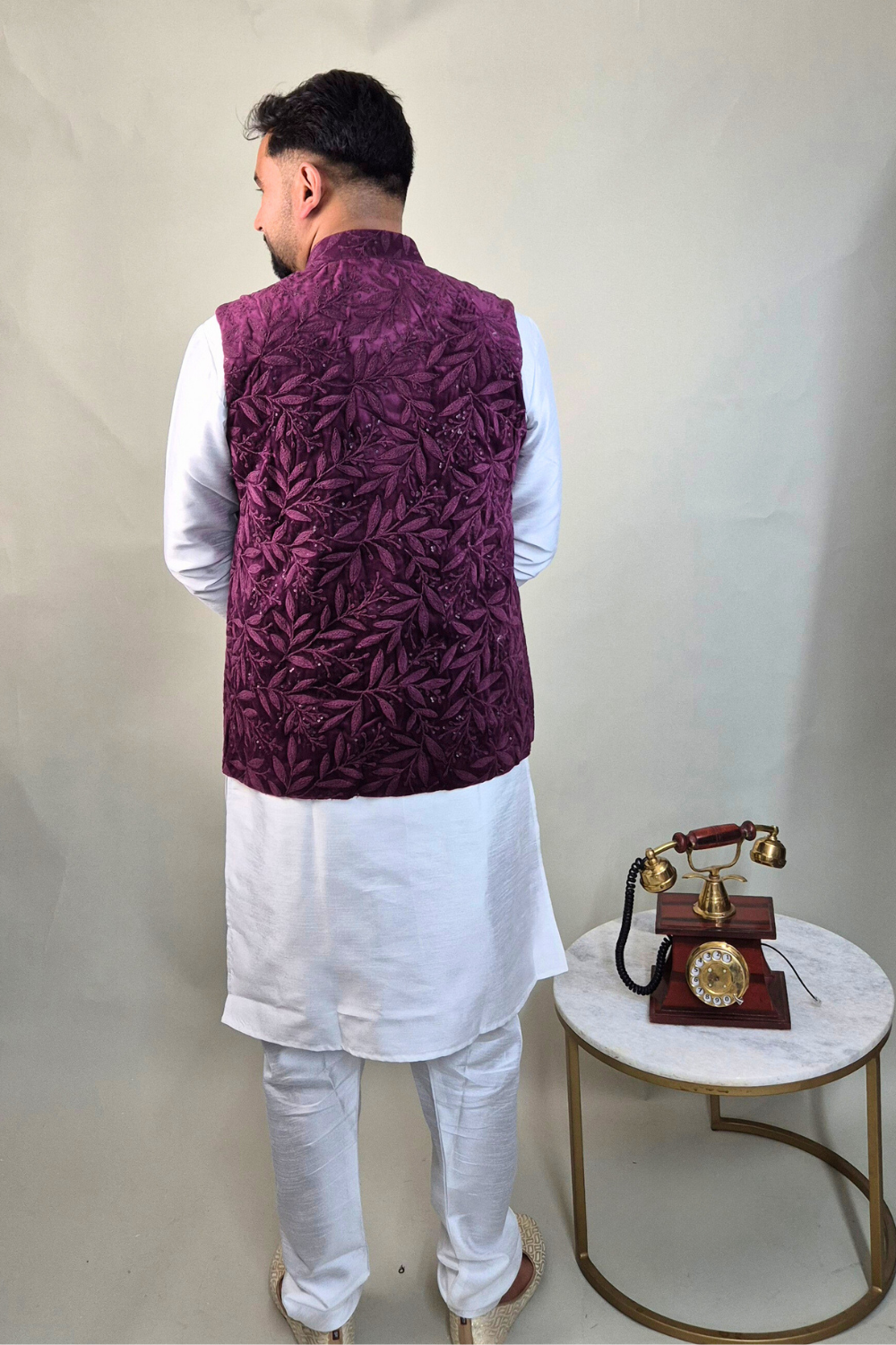 Plum velvet textured waist coat with silver brooch