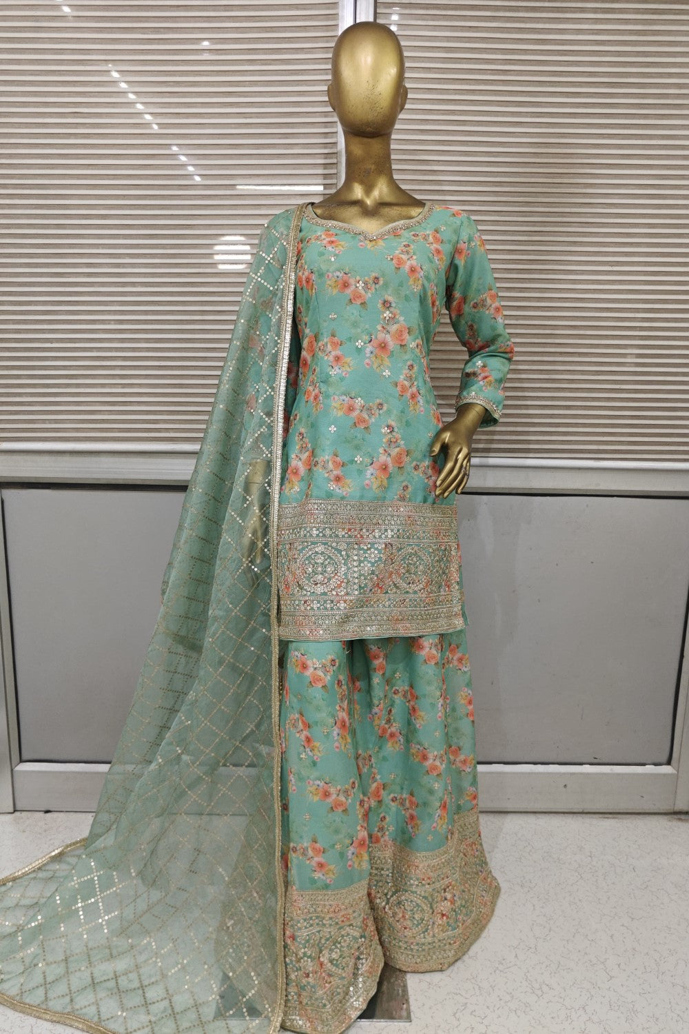 Floral printed sharara made in pure silk