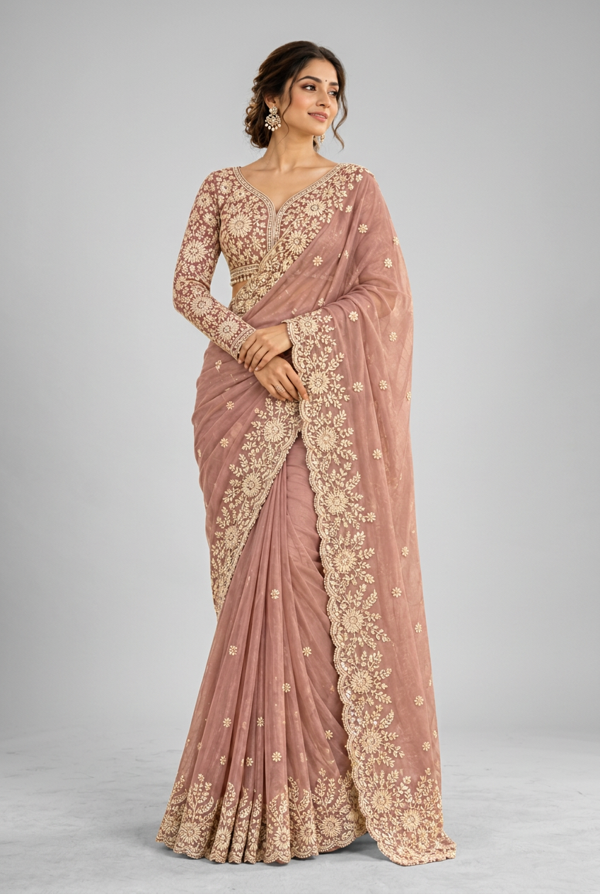 Elegant mauve saree featuring intricate ivory floral embroidery