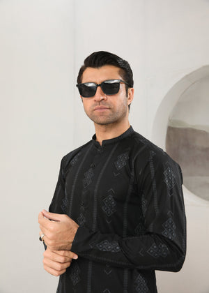 Muraqsh Black Motif Embroidered Cotton Kurta Trouser - Men