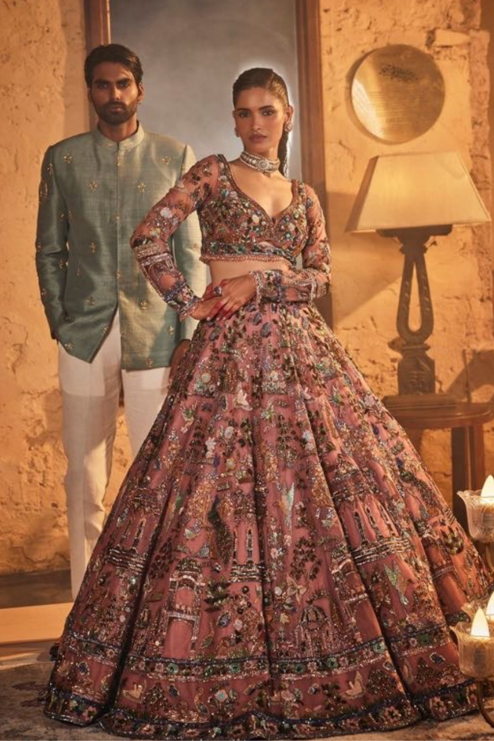 Beautiful Bridal Pink Lehenga with Heavy Green Embroidery Secondary image