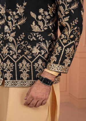 Dress Designers Self Black And Golden Prince Coat