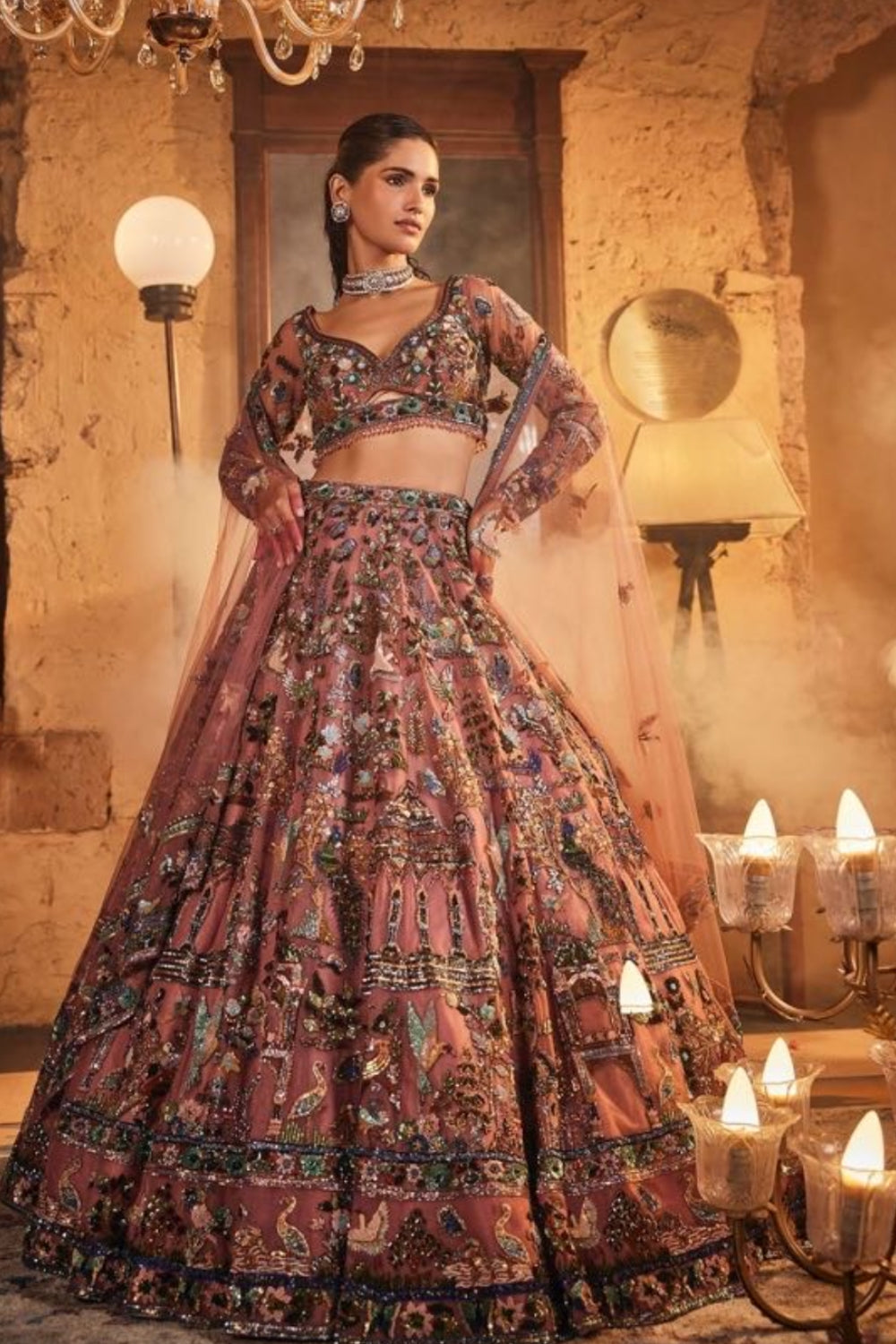 Beautiful Bridal Pink Lehenga with Heavy Green Embroidery