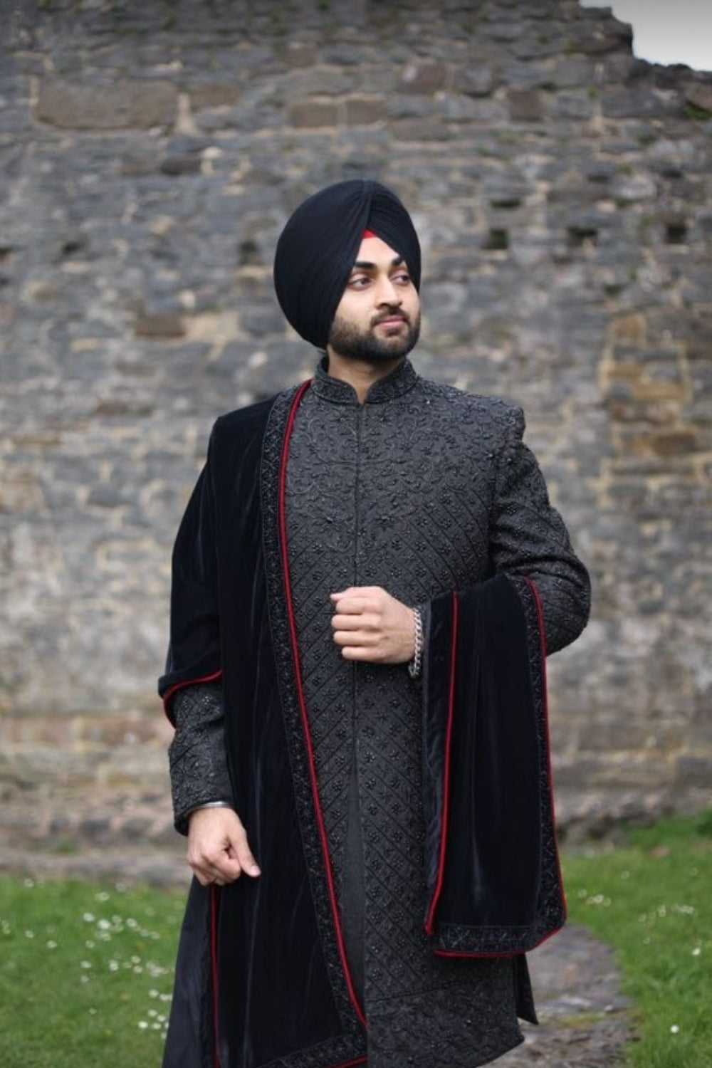 Black on Black Textured Sherwani Set