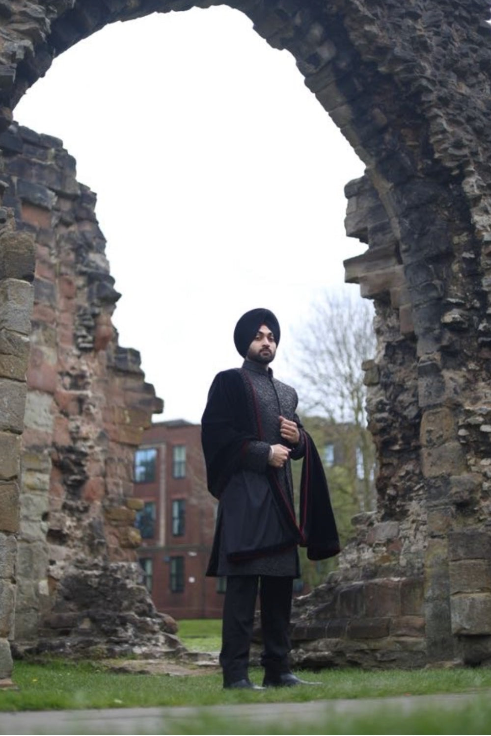 Black on Black Textured Sherwani Set