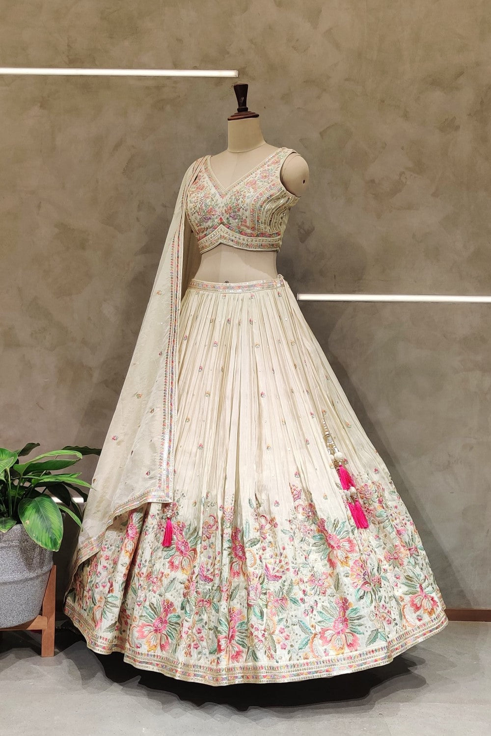 Exclusive White Lehenga with Enchanting Pink and Green Floral Embroidery - Designer Bridal Masterpiece