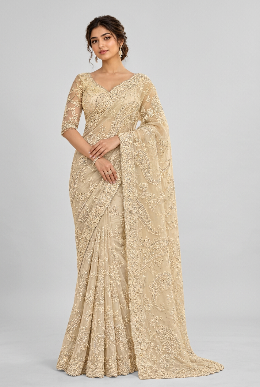 Luxurious champagne saree adorned with intricate paisley embroidery