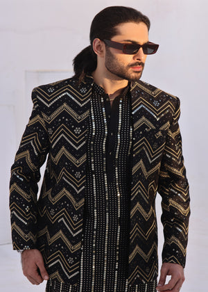 J Pardesi Geometric Zigzag Black Princecoat Frontopen