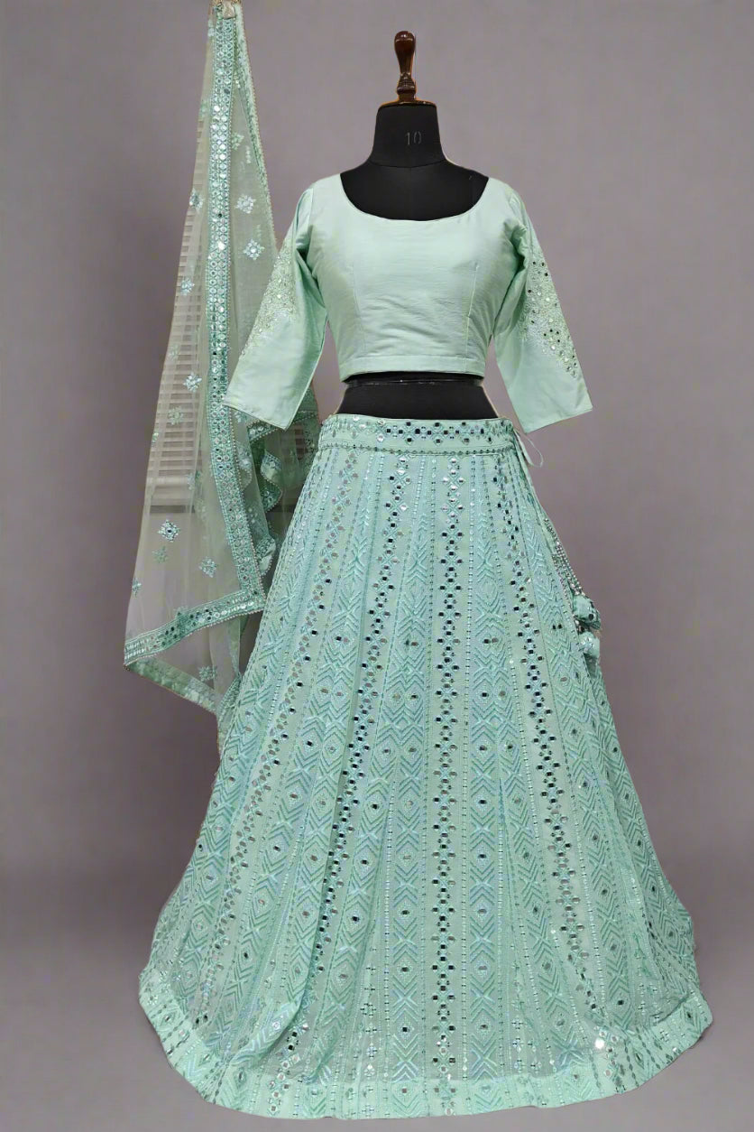 Iceblue chikenkari blue lehenga with thread work
