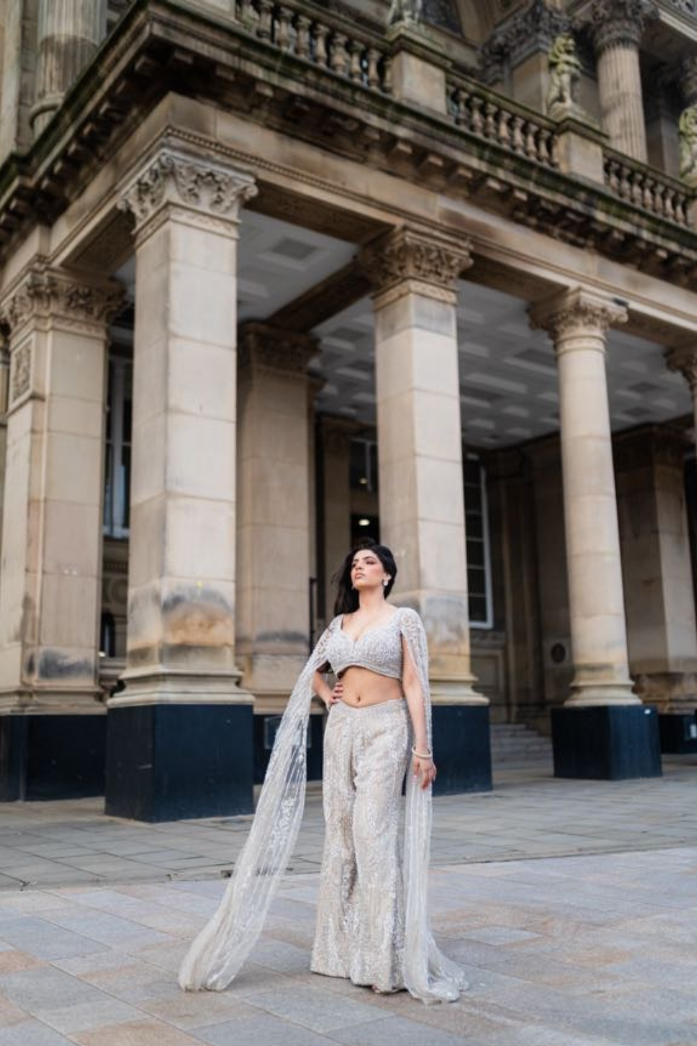SIlver Embroidered Top with Palazzo and Cape Secondary image