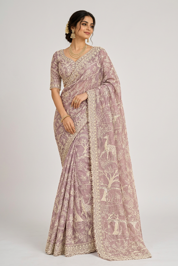 Blush-pink saree with exquisite ivory embroidery
