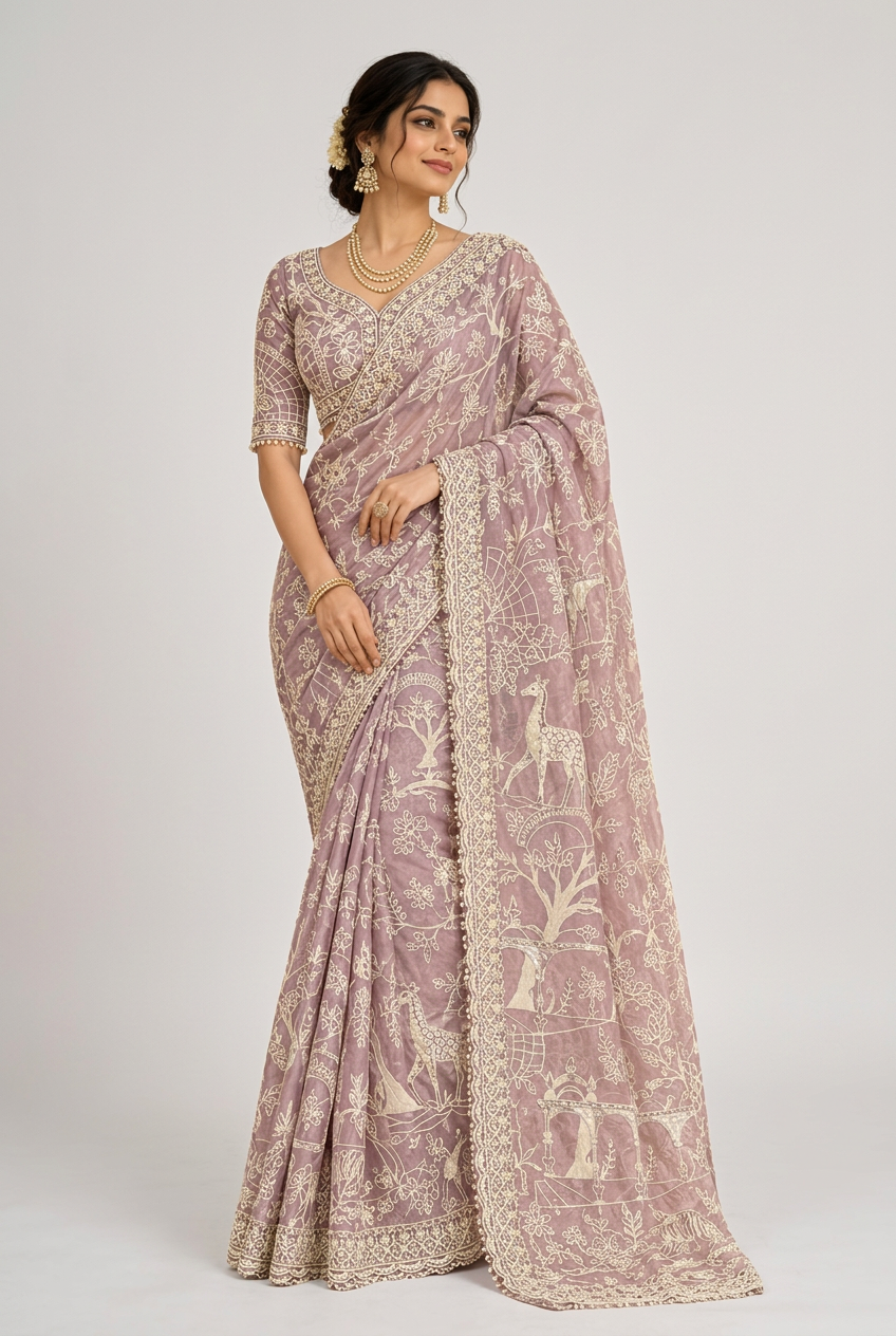 Blush-pink saree with exquisite ivory embroidery