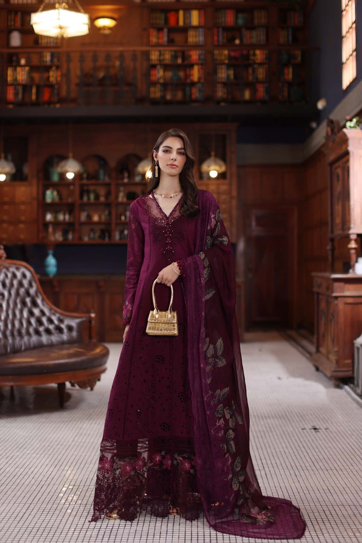 Noor by Saadia Asad | Eid Luxury Schiffli Laserkari 25 | D12- Plum