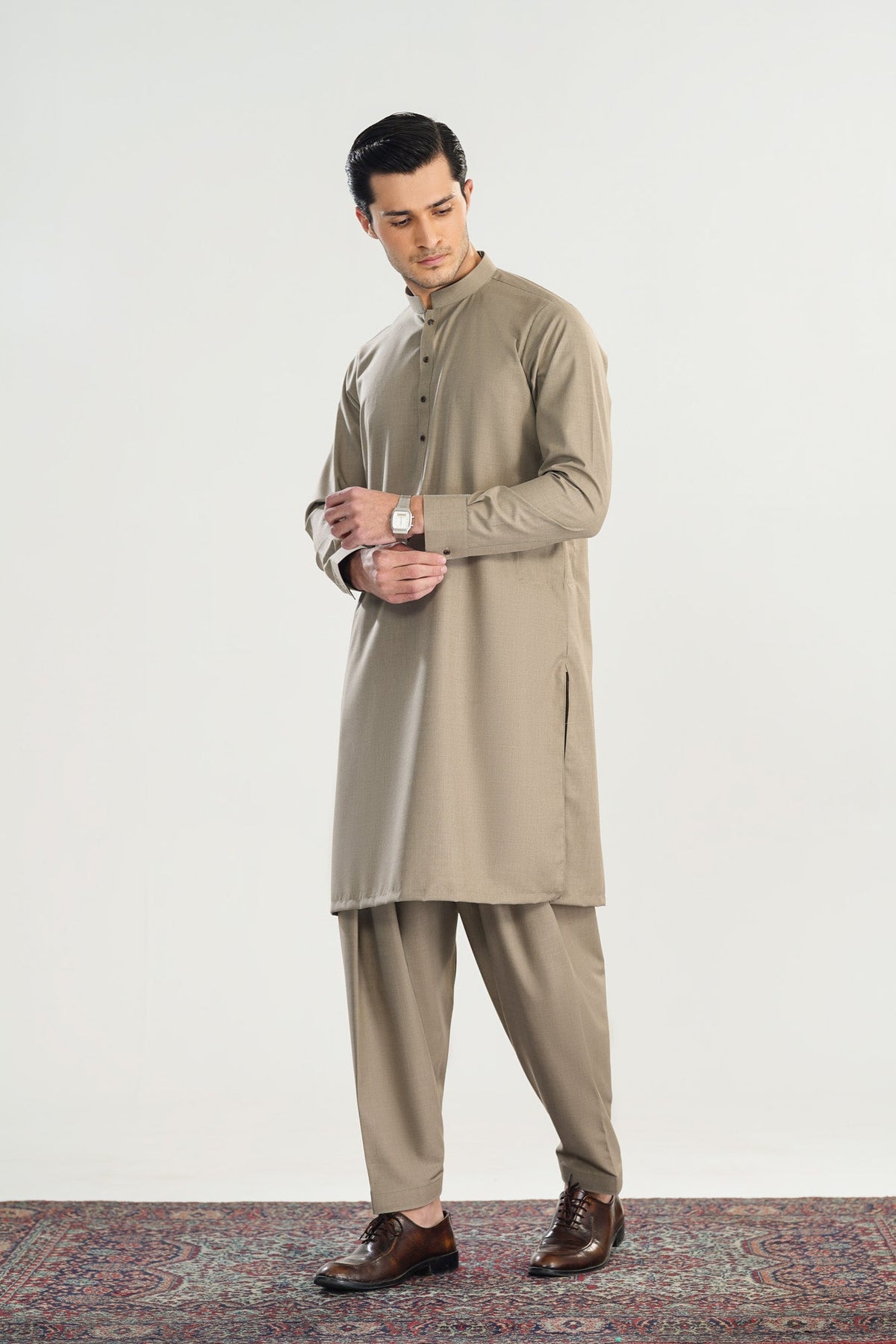 Sand Beige Blended Suiting Kameez Shalwar - Men