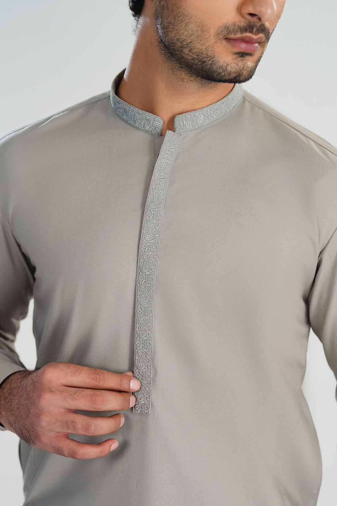 Formal Silver Beige Kurta Shalwar - Collar Neck Embroidered - Men