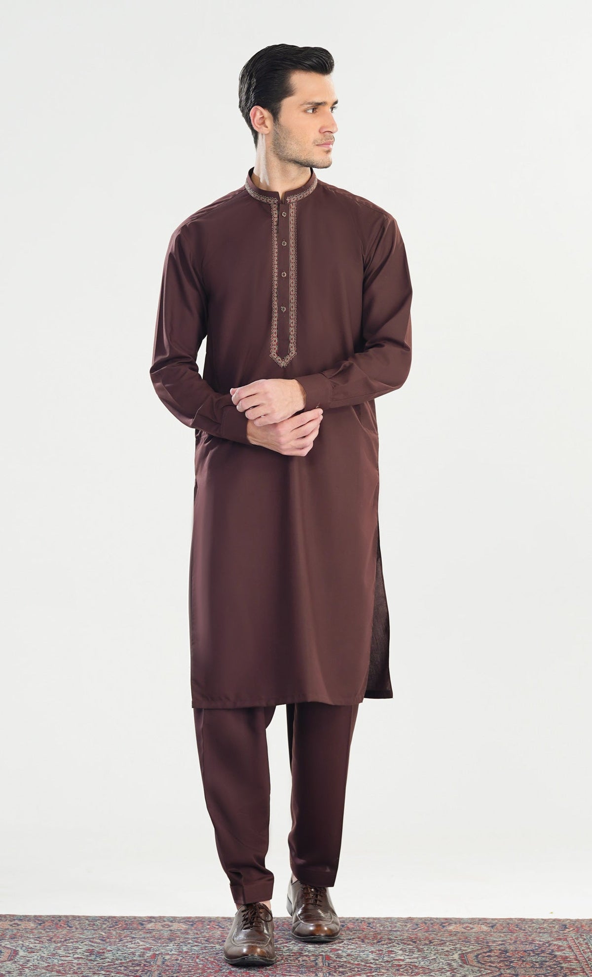 Formal Mahogany Kurta Shalwar - Collar Neck Embroidered - Men
