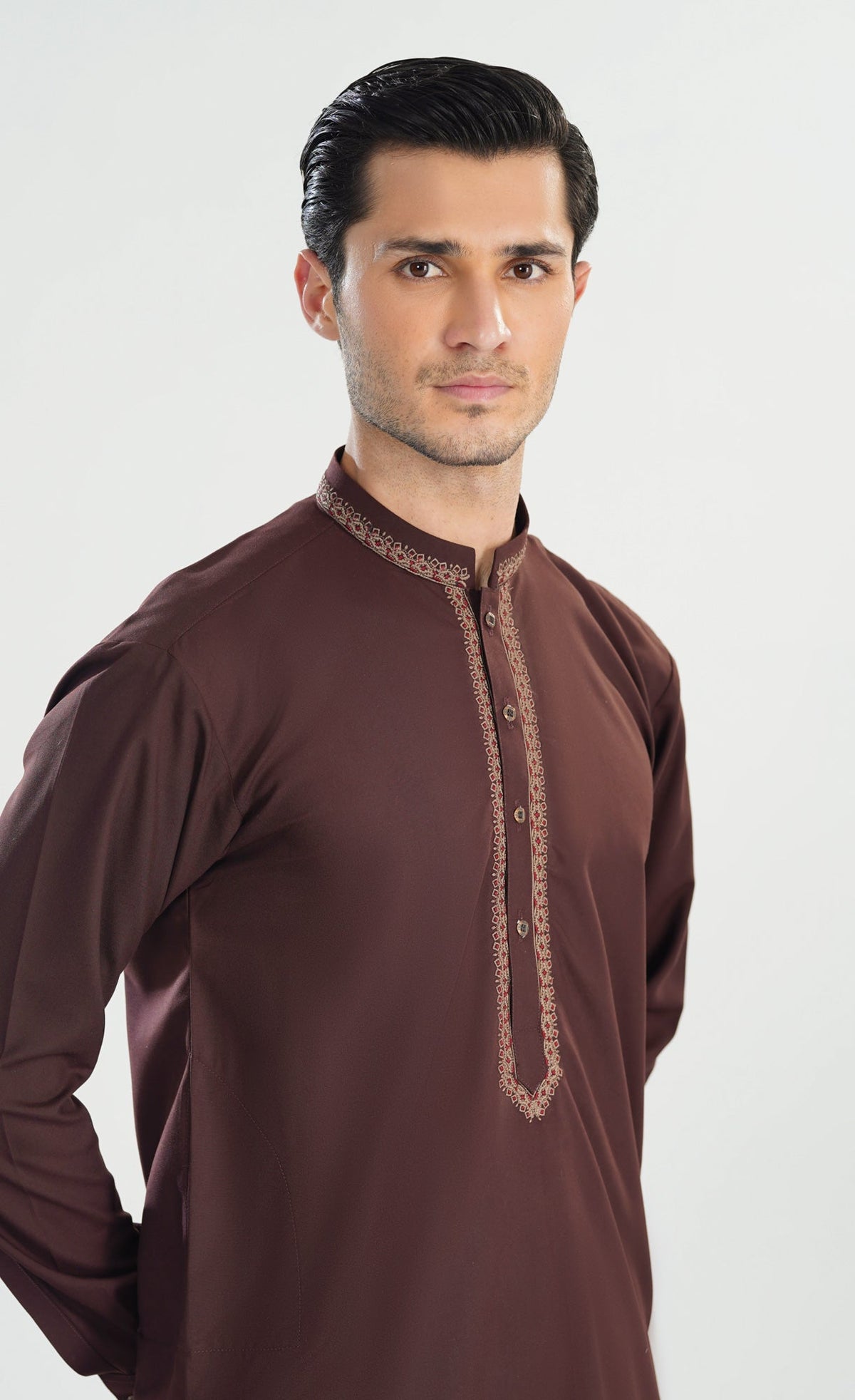 Formal Mahogany Kurta Shalwar - Collar Neck Embroidered - Men
