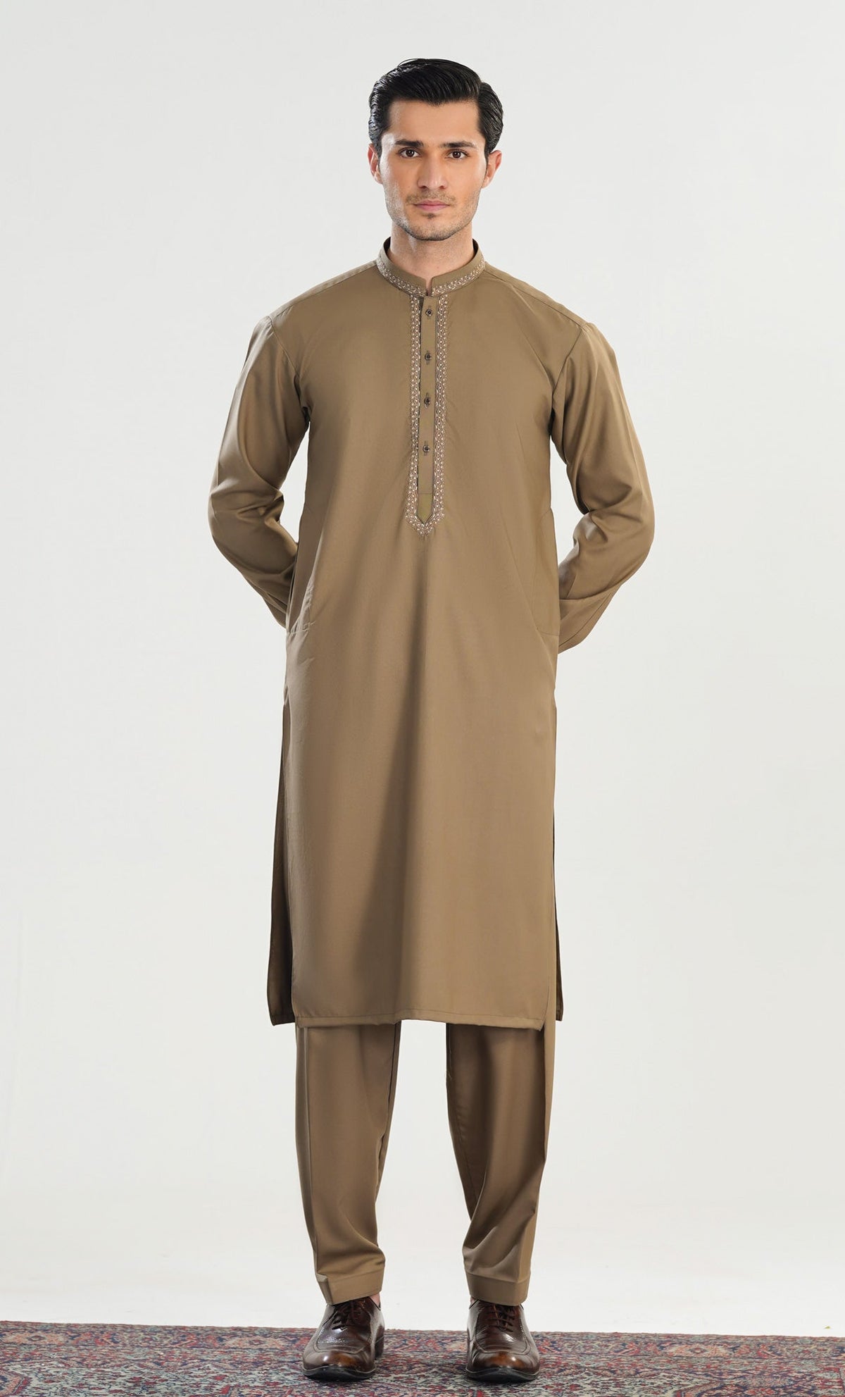 Formal Sand Beige Kurta Shalwar - Collar Neck Embroidered - Men