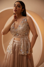 Peplum blouse lehenga with gold zari work