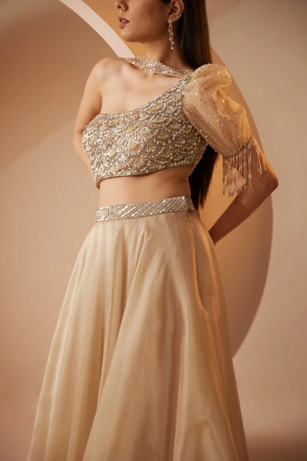 Ivory sequins work lehenga with cutdana