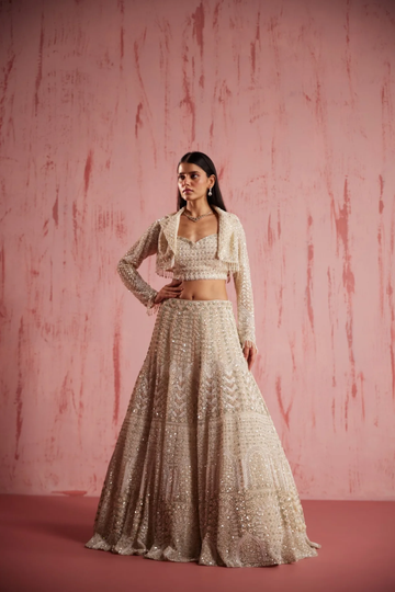 Ivory handmade lehenga with stone and Swarovski work