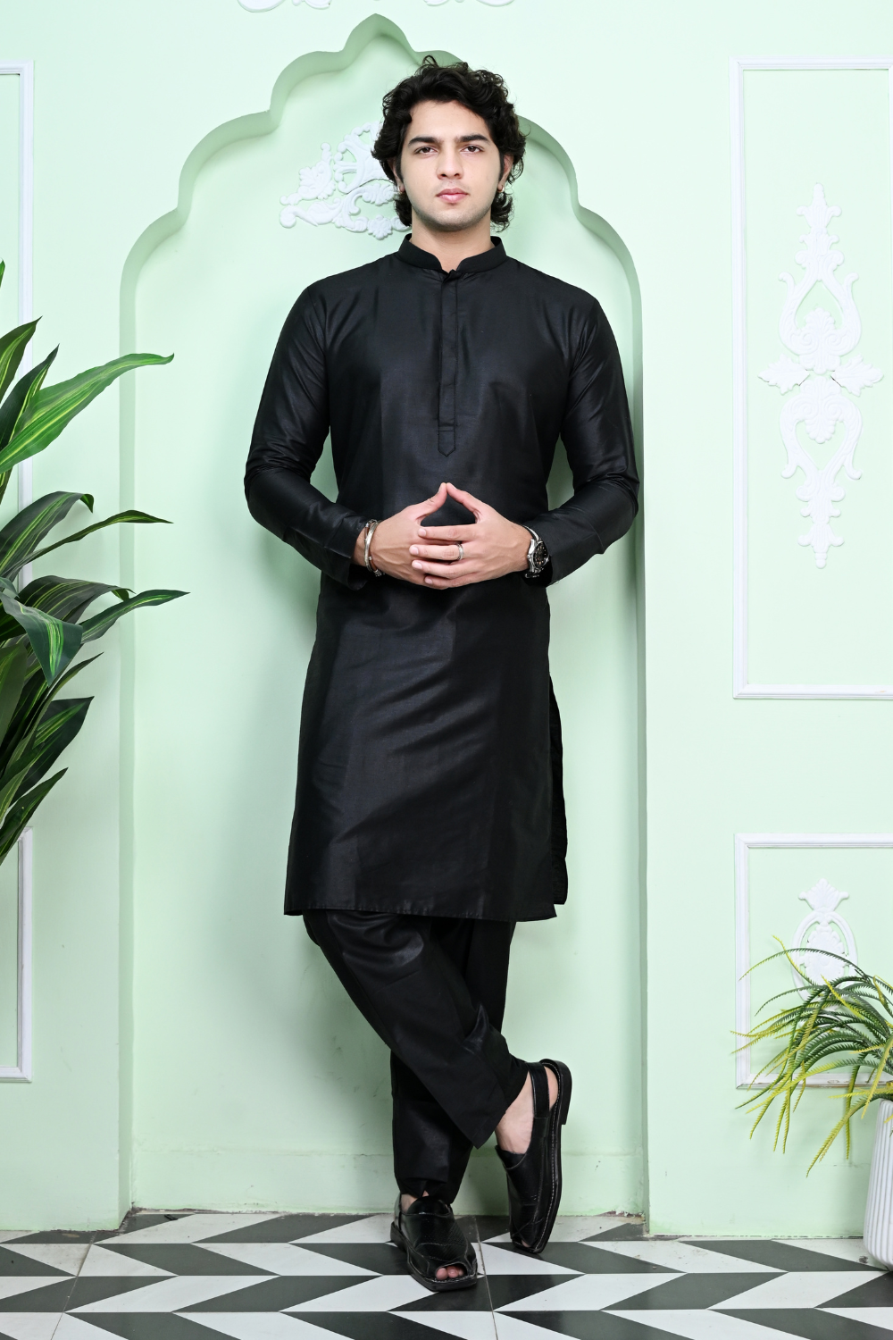 Black Art Silk Kurta Pajama