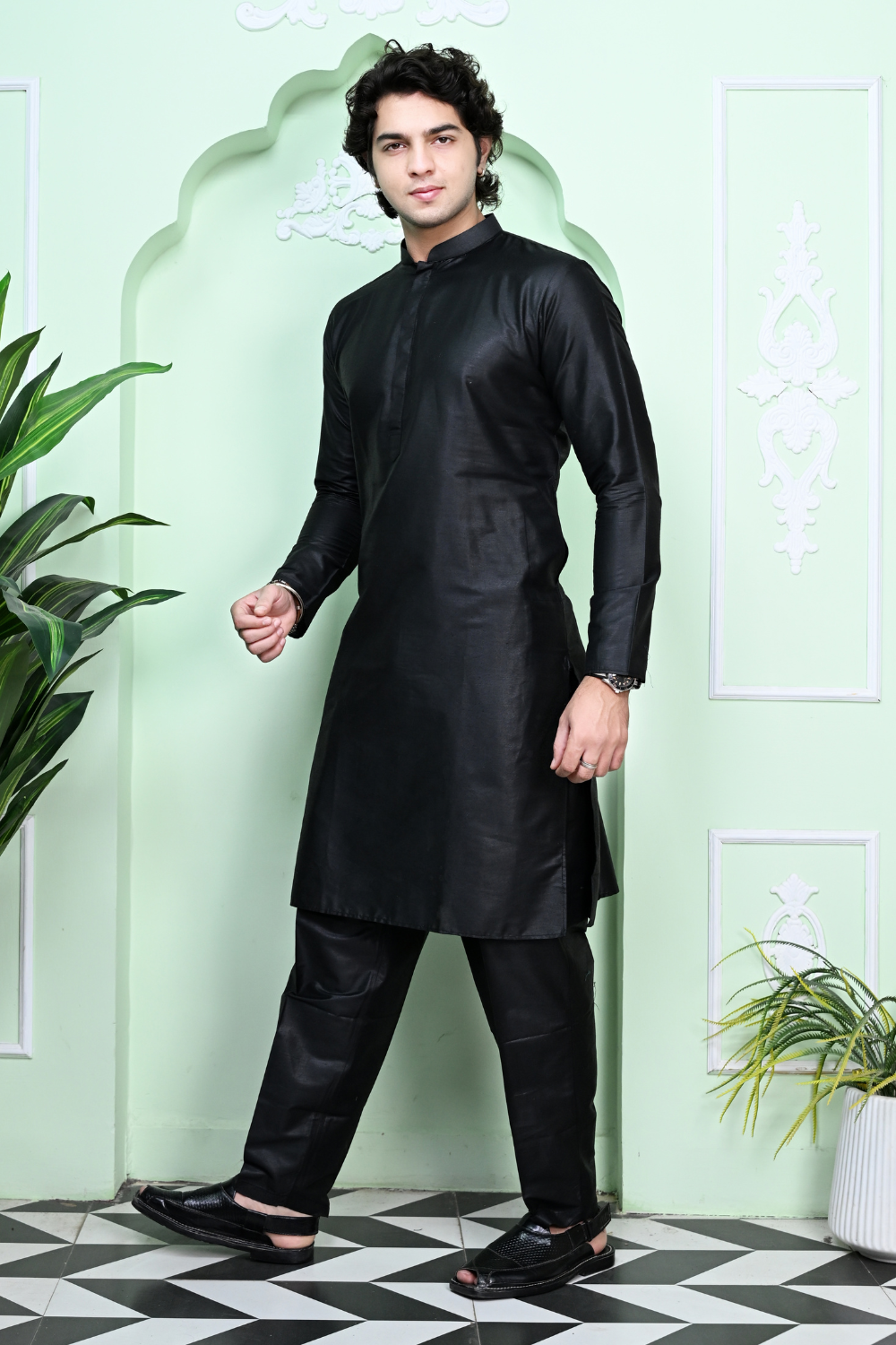 Black Art Silk Kurta Pajama