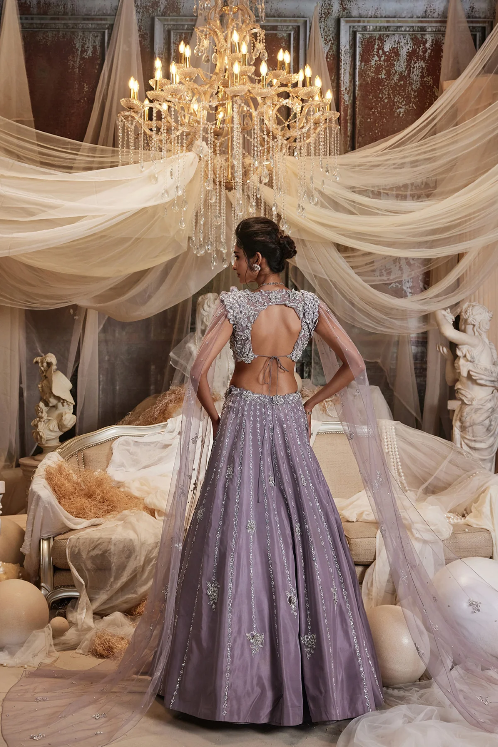 Blue Organza Embroidered Sequin Sweetheart Geometric Lehenga Set