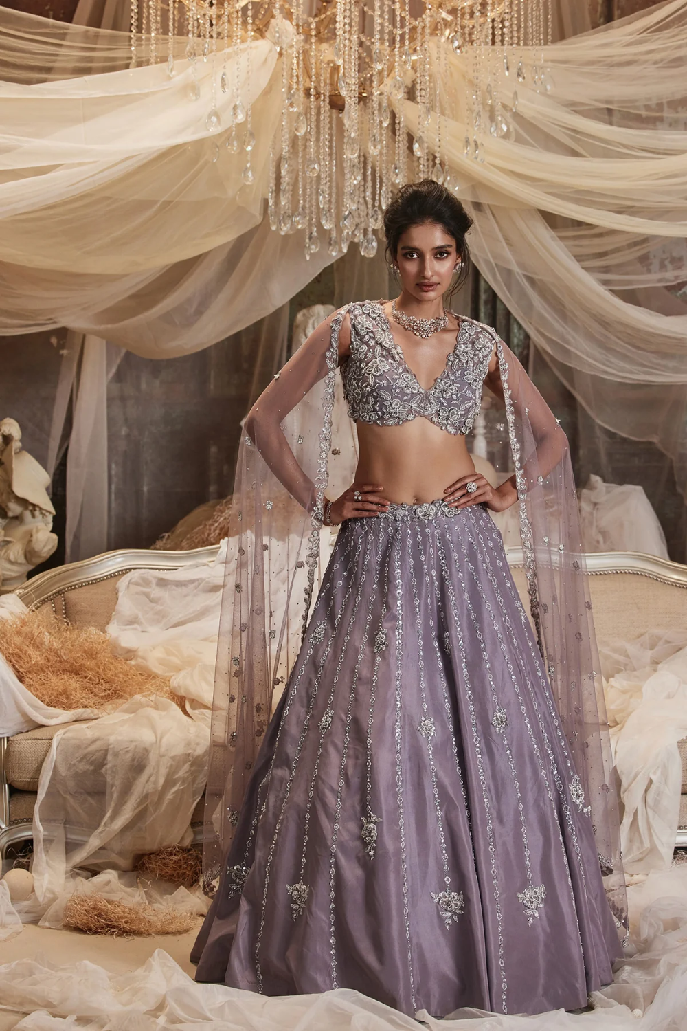 Blue Organza Embroidered Sequin Sweetheart Geometric Lehenga Set Main image