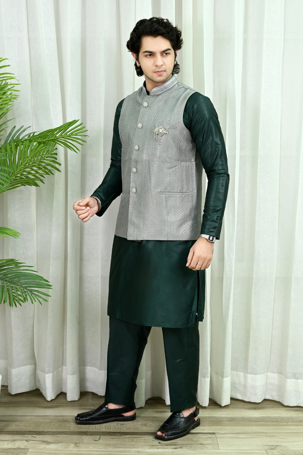 Classic Grey Ethnic Waistcoat with Embroidery Secondary image