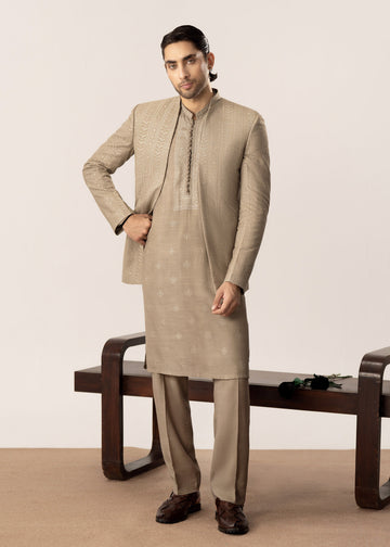 Beige Kurta Trouser with Embroidered Open Prince Coat - 3PC