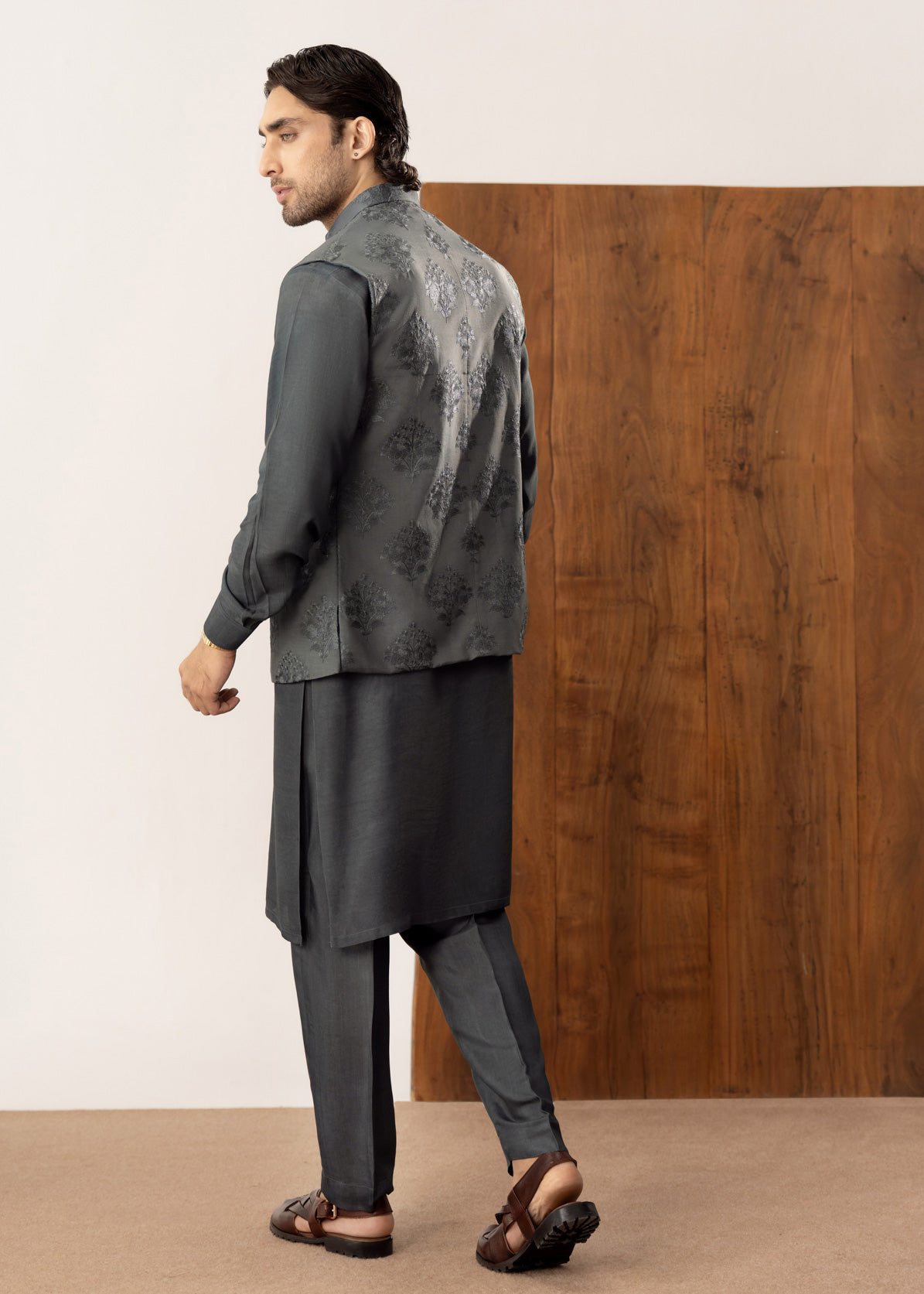 Army Green Kurta Trouser with Open Embroidered Waistcoat  - 3PC