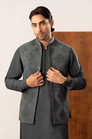 Army Green Kurta Trouser with Open Embroidered Waistcoat  - 3PC