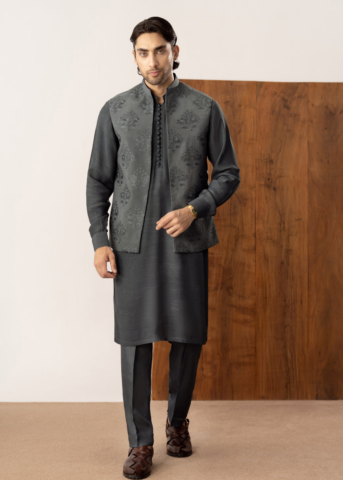 Army Green Kurta Trouser with Open Embroidered Waistcoat  - 3PC