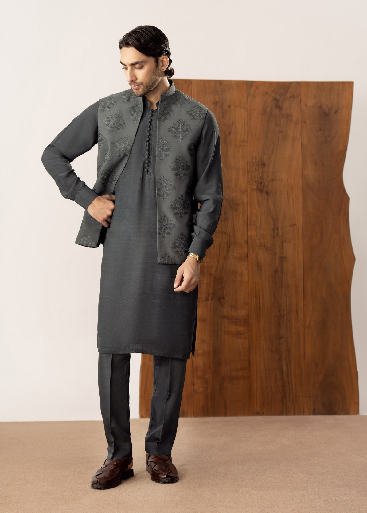 Army Green Kurta Trouser with Open Embroidered Waistcoat  - 3PC