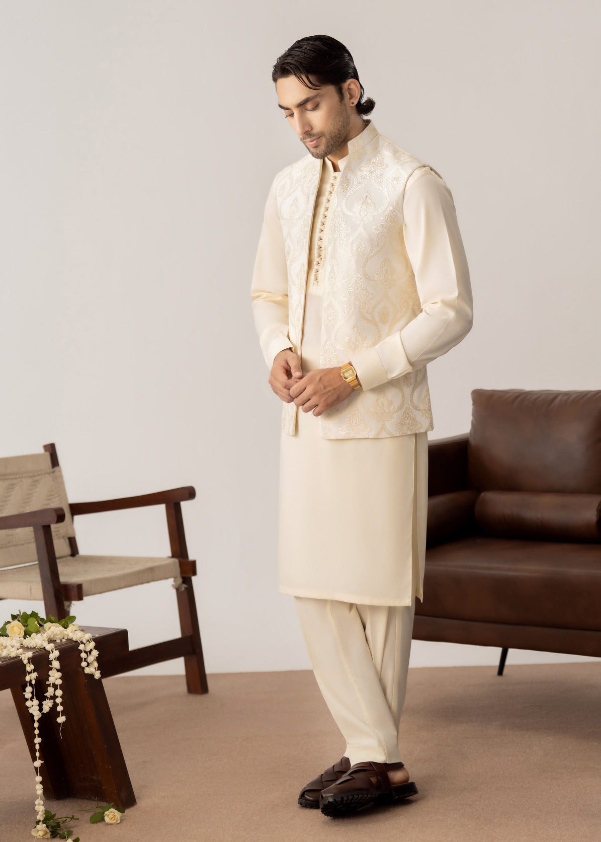Bosky White Kurta Trouser with Open Embroidered Waistcoat  - 3PC