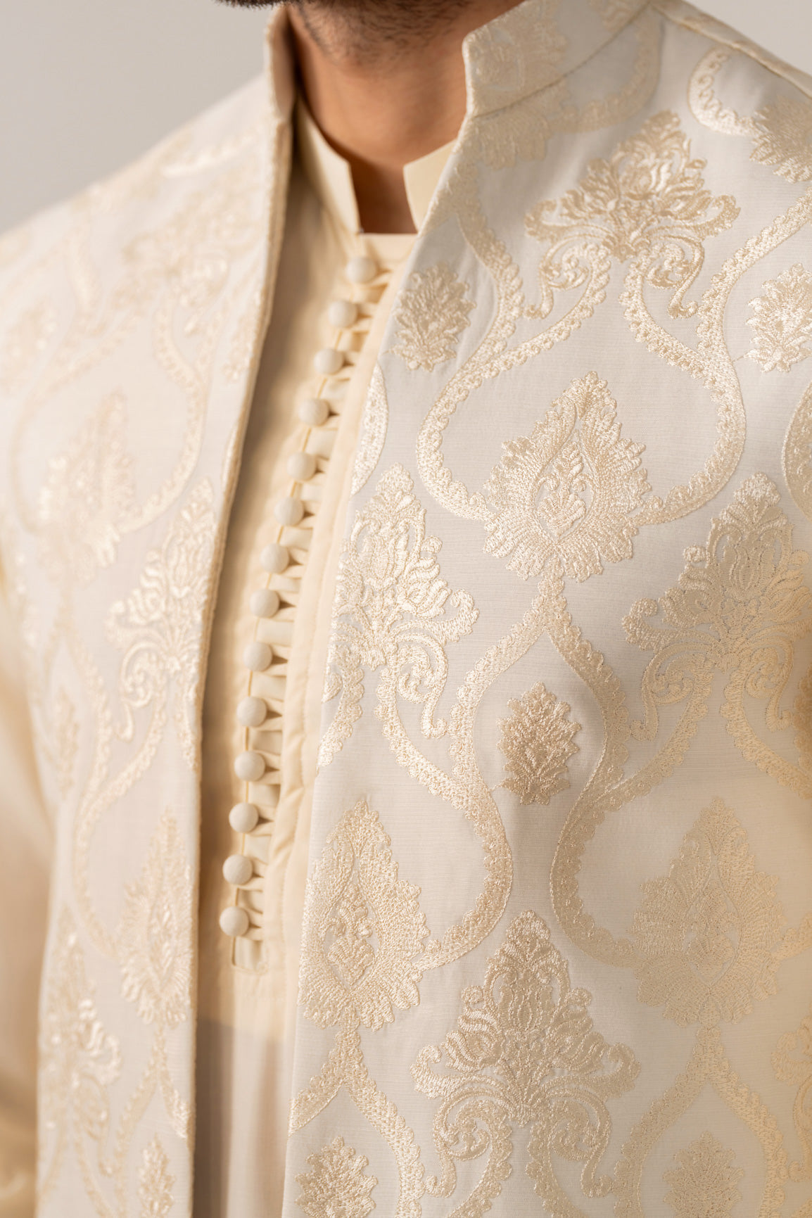 Bosky White Kurta Trouser with Open Embroidered Waistcoat  - 3PC