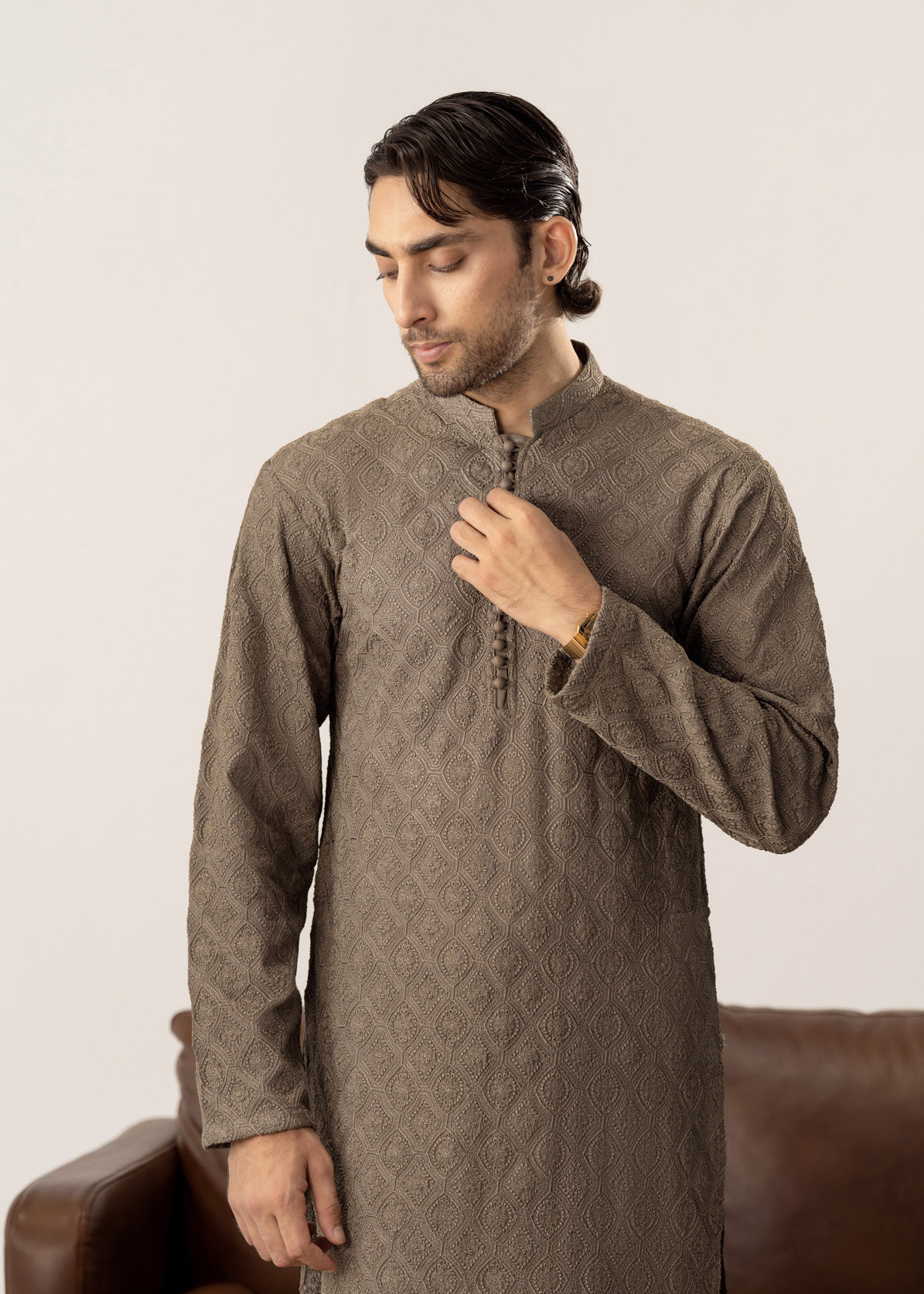 Maahir - Taupe Embroidered Kurta Trouser