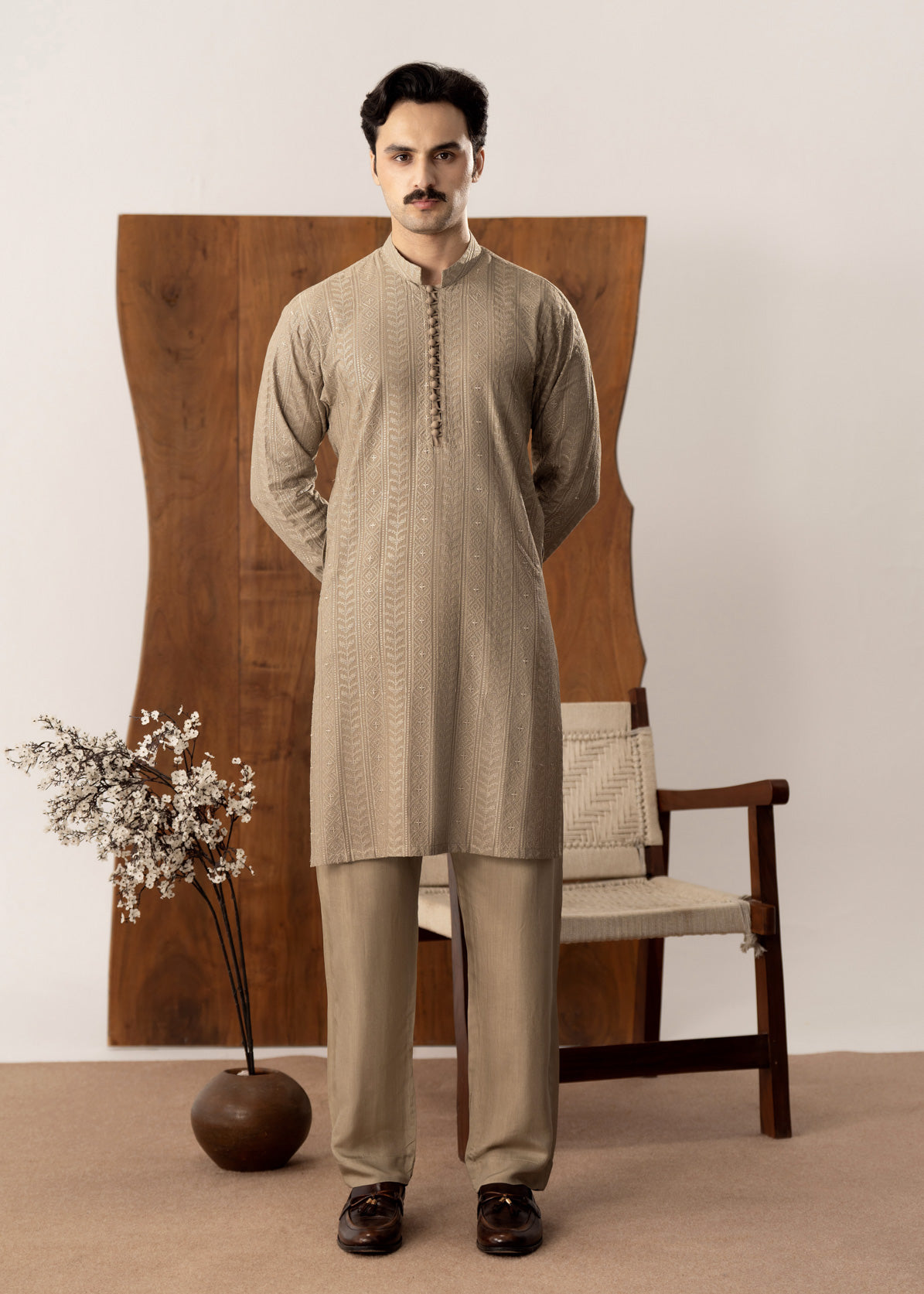 Shauq - Beige Embroidered Kurta Trouser