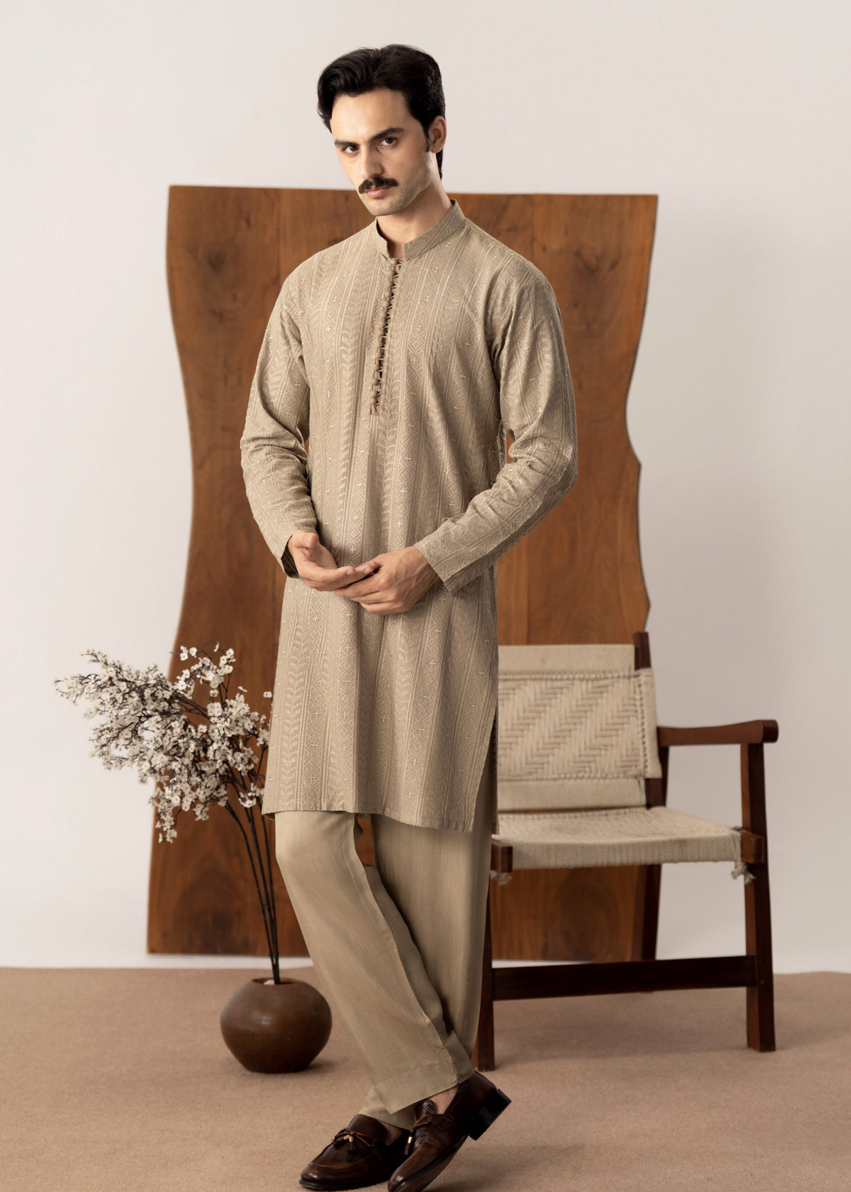 Shauq - Beige Embroidered Kurta Trouser