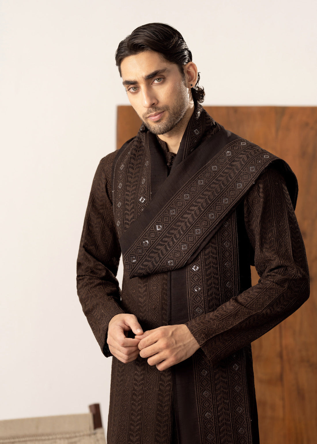 Riwaaj - Brown Embroidered Kurta Trouser