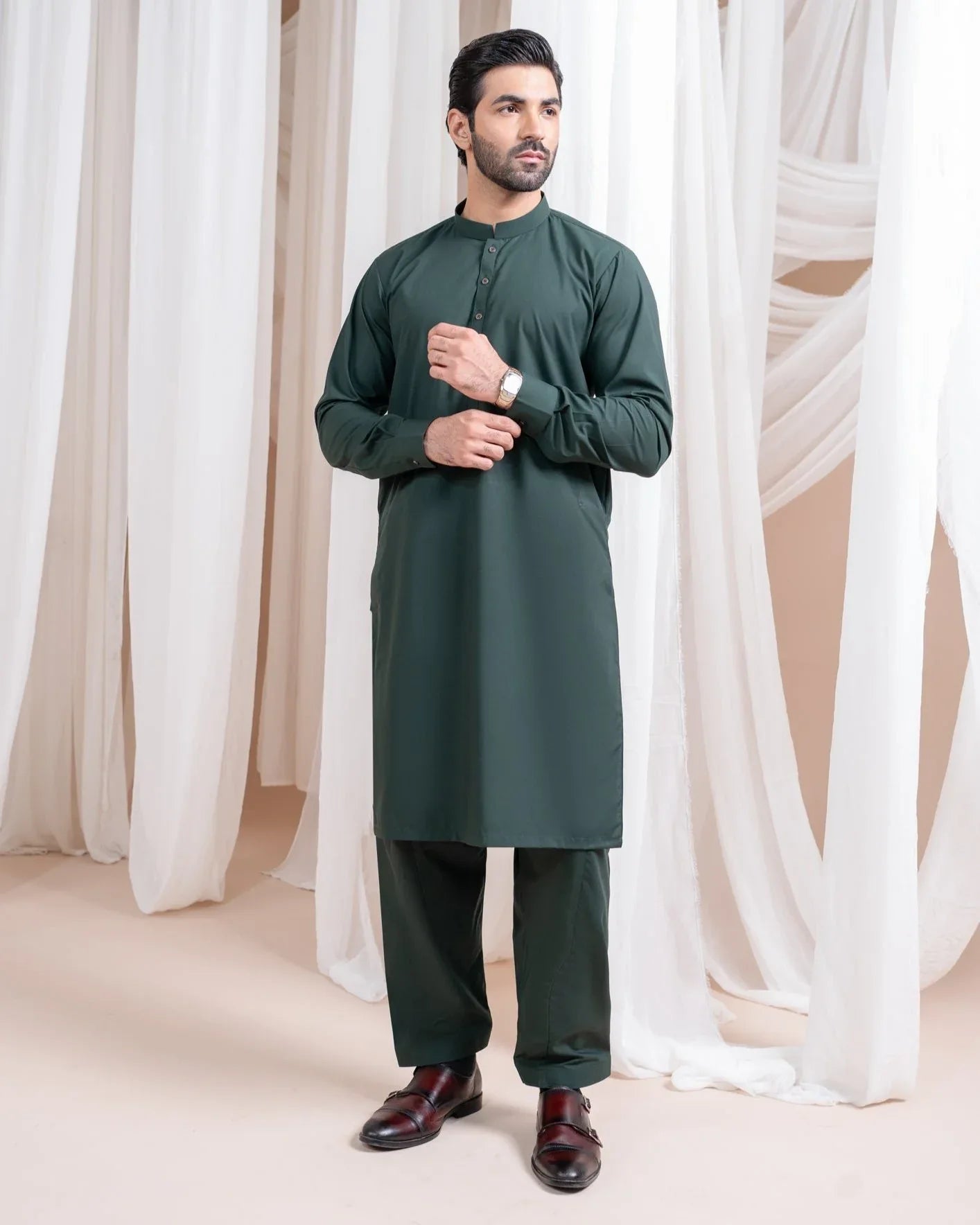 Bottle Green Luxury Blended Kurta Shalwar - Men