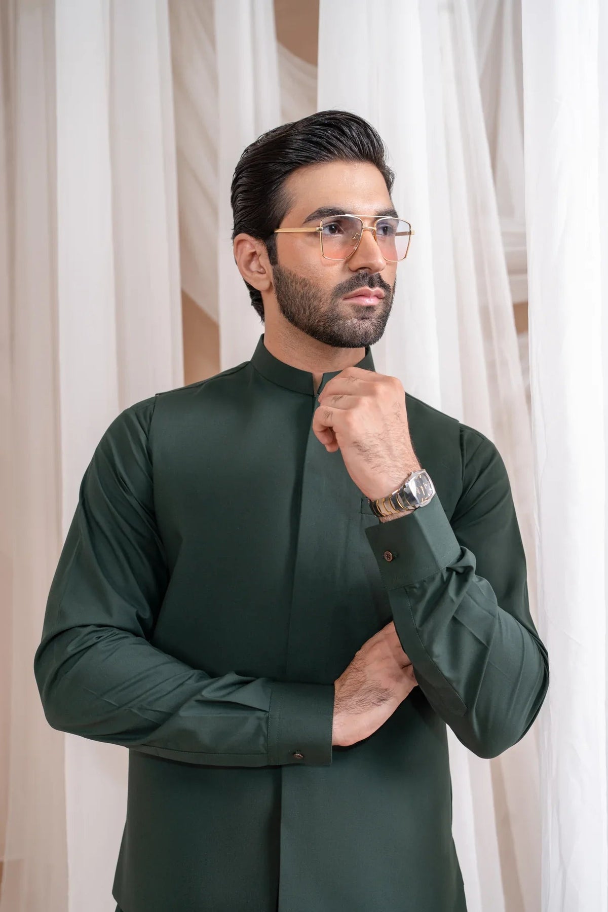 Bottle Green Luxury Formal Kameez Shalwar with Blended Waistcoat - Straight Cut - Men